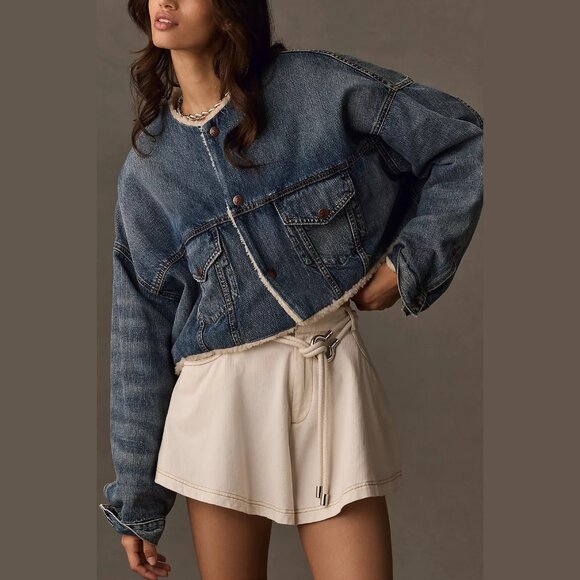 NEW Denimist - Size XXS, Oversized Cropped Sherpa-Lined Denim Jacket, Denim Dark - Picture 3 of 4
